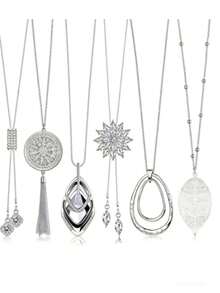 6件套女士长项链套装，流苏吊坠项链，圆杆羽毛叶子毛衣链，个性化项链 - 銀色 - 查看 1