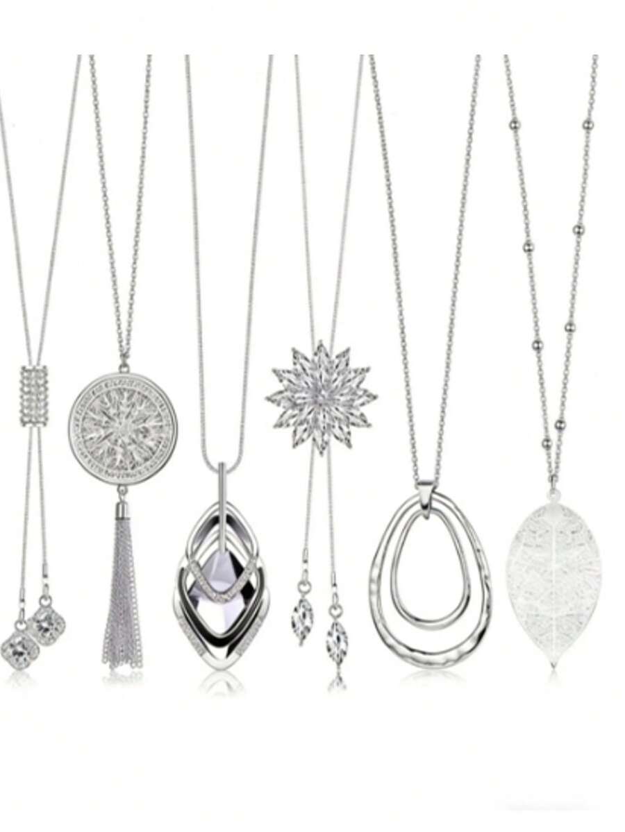 6件套女士长项链套装，流苏吊坠项链，圆杆羽毛叶子毛衣链，个性化项链 - 銀色 - 查看 1