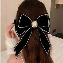 1pc Velvet Rhinestone Pearl Bow Hair Clip - Black - View 4