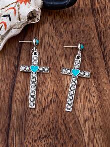 LUMIDIYA Retro Bohemian-Style Long Cross-Shaped Turquoise Earrings, Western Women's Denim Retro Earrings, Fashionable Ladies' Earrings, Daily Wear And Gifts - Multicolor - View 2