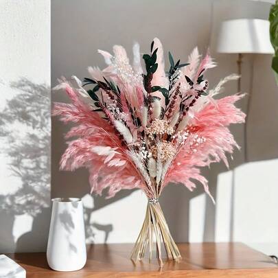 52pcs Luxury Pink Dried Flower Bouquet - Artificial Flowers, Rabbit Tails, Reeds, Carnations, Lavender - Multipurpose Decor, Suitable For Weddings, Home, Events, Bridal Bouquets - Perfect For Christmas, Halloween, Thanksgiving, Valentine's Day