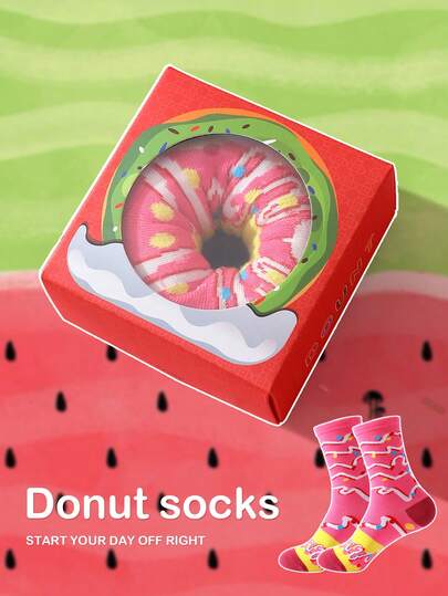 1 par de nuevos calcetines de media caña multicolor con diseño de rosquilla, caja de regalo. Calcetines deportivos unisex de primavera/verano con diseño creativo inspirado en alimentos, de tela de punto, largos y gruesos, suaves y cómodos. Regalo perfecto para cumpleaños, San Valentín, Pascua, Ramadán, carnaval, citas, fiestas, vacaciones. Moda única y divertida para uso casual diario, apto para todas las estaciones. Gran regalo para parejas, amigos, ideal para vacaciones, deportes al aire libre, gimnasio, hogar, oficina, etc.