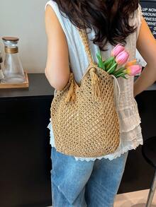新款休闲手提包，手工草编大容量沙滩包，镂空设计 - 卡其色 - 查看 3