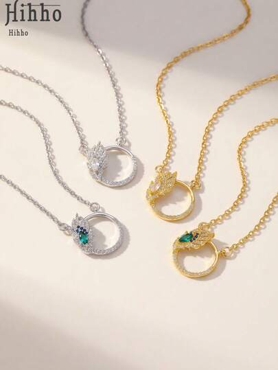 1件优雅半圆形羽毛项链，情人节礼物 - 马眼形切割绿色翡翠宝石和钻石叠层浪漫珠宝