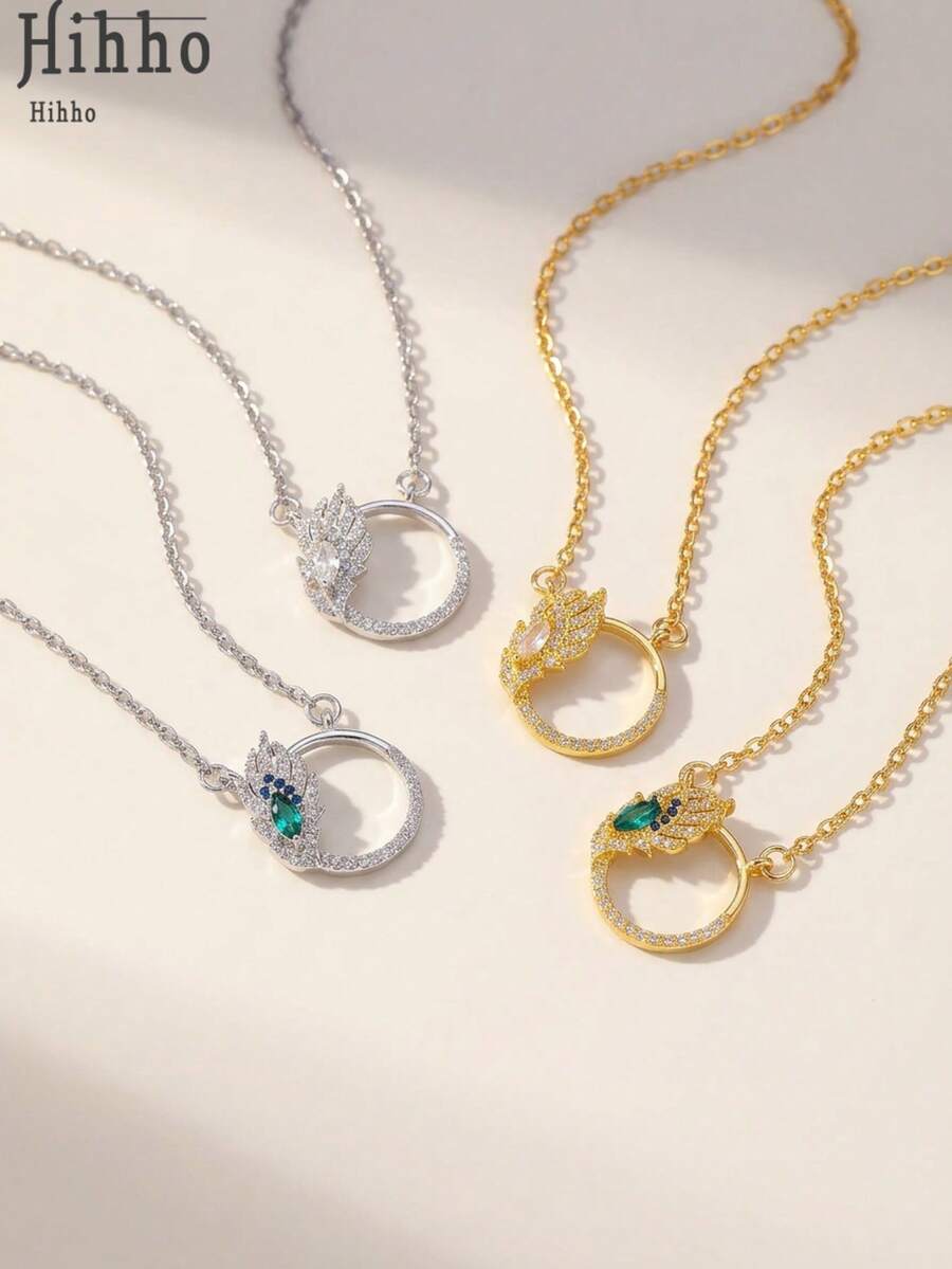 1件优雅半圆形羽毛项链，情人节礼物 - 马眼形切割绿色翡翠宝石和钻石叠层浪漫珠宝 - 彩色 - 查看 1