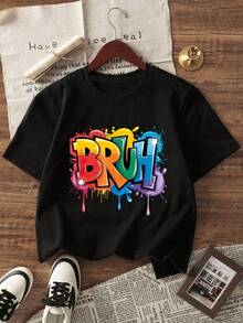 少女涂鸦字母印花短袖T恤，休闲时尚服装 - 黑色 - 查看 3