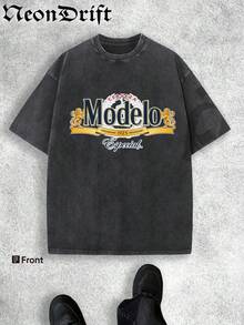 Y2K Style, Cool  UFO Elements, Outdoor Sports Vibe, Modern Street Style, Fashionable Pure Cotton Vintage Washed T-Shirt With Loose Fit, Unisex Design. A Perfect Surprise Gift For Family And Friends. Features Dropped Shoulder Sleeves + Crew Neck, Made Of High-Quality Batik Cotton, A Retro Fashion Brand T-Shirt. With Moderate Thickness, It's Ideal For Summer Wear And A Top Choice For Holiday Gifting. - 黑色 - 查看 2