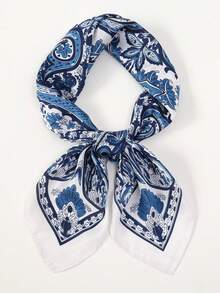 1pc 70*70cm Square Silk Scarf, Women's Satin Printed Headscarf, Neckerchief, Headband, Fashion Ladies Shawl, Scarf - Large Blue and White Cashew Nuts - View 2