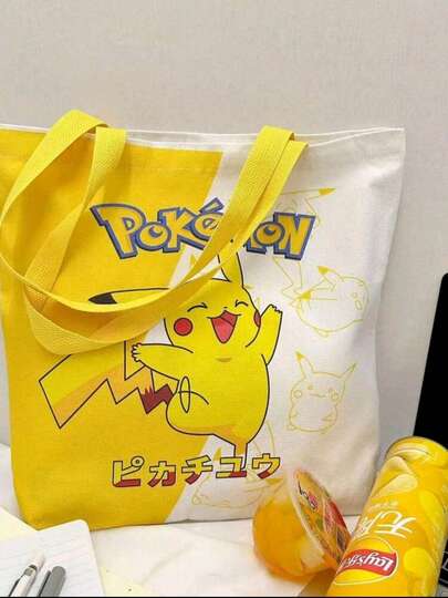 pokemon Pokémon Pikachu Canvas Tote Bag, Large Capacity Reusable Shopping Bag, Made Of Durable Canvas Material, Suitable For School, Work, And Daily Use, For Shopping, Travel, And Toy Storage, An Ideal Gift For Anime Fans.