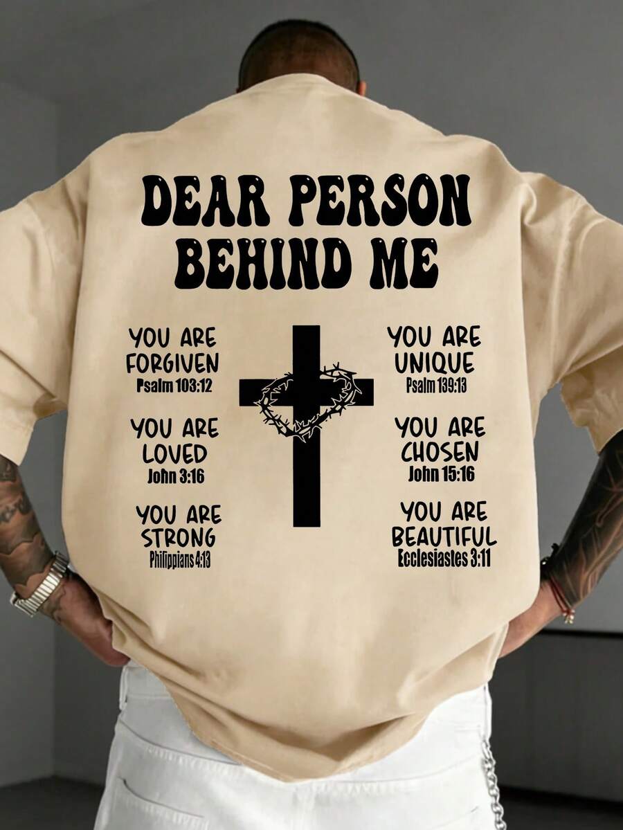 K-GLORY Men's Casual Versatile Simple English Slogan & Cross Print Short Sleeve T-Shirt - Apricot - View 1
