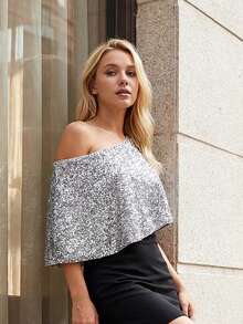 Womens Sequin Shrug Shawl Cape Asymmetric Glitter Evening Ponchos Tops For Party, Wedding, Night Out Beachwear Seaside - Xám - Xem 6