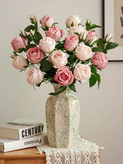1支复古玫瑰仿真花，多朵盛开的花朵和花苞并存。24.4英寸，逼真的丝绸质感花朵，适合家居装饰、婚礼、情人节、复活节和春季插花。