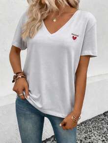 Women's Heart Embroidery Minimalist Short Sleeve T-Shirt - White - View 2