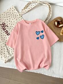 Tween Girl Heart Print Round Neck Short Sleeve T-Shirt, Comfortable New Spring/Summer - Pink - View 3
