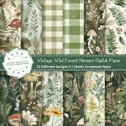 12 Sheets Vintage Wild Forest Themed Art Craft Paper Set - Watercolor Mushroom & Botanical Themed Decorative Craft Paper, Perfect For DIY Craft Albums, Junk Journal, Scrapbooking, Creative Collage, Origami, Card Making, Botanical Style Art Paper Cutting, DIY Crafts, Spring Easter Decorative Paper & Daily Craft Supplies