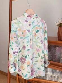 Women's Floral Print Long Sleeve Single-Breasted Casual Shirt Vacation Spring - Green Pink - View 6