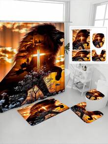 1/4件套狮子十字印花防水浴帘套装，加厚涤纶防霉面料，包含12个挂钩、防滑垫、U型垫和圆形马桶盖套 - A - 查看 4