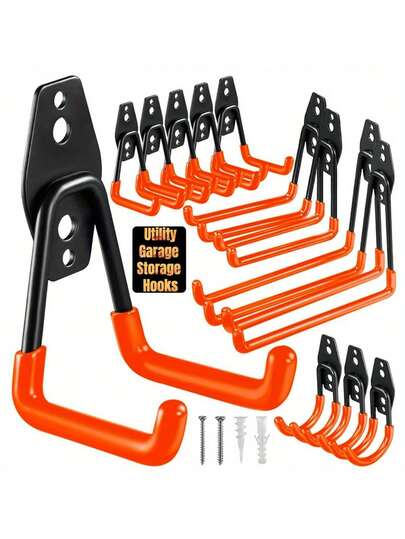 Orange Garage Hooks Heavy Duty, Utility Steel Garage Storage Hooks, Wall Mount Garage Hanger&Organizer For Organizing Power Tools, Ladders, Bulk Items, Bikes, Ropes And More Equipment