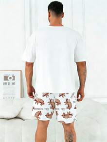 Conjunto de pijama para hombre talla grande | Parte superior de cuello redondo y manga corta y pantalón corto casual con cintura elástica, conjunto de 2 piezas | Tela de punto de poliéster, transpirable y cómoda de corte holgado | Diseño casual con estampado lindo de perezoso - Blanco - Ver 6