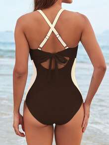 Women's Swimsuit Stylish Contrast Color Sleeveless Cross Back Tummy Control Bathing Suit For Beach Pool - Coffee Brown - View 6