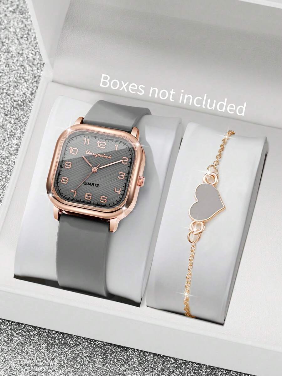2pcs/Set Women's Silicone Square Watch With Numeric Dial, Classic Quartz Wristwatch + Heart-Shaped Bracelet (Watch Box Not Included) - Grey - View 1