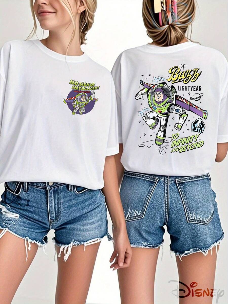 Disney Official Licensed, Pixar, Toy Story, Buzz Lightyear, To Infinity And Beyond, Double-Sided Print, 100% Cotton, Crew Neck T-Shirt, Space Adventure Style, Casual Wear, Spring & Summer Top, Movie Merch, Fan Collectible - trắng - Xem 1
