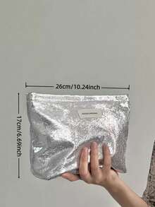 1个亮片手拿包，大容量化妆包，简约便携收纳袋 - 銀色 - 查看 3