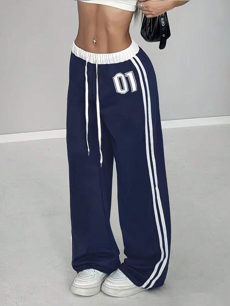 Women's New Outdoor Casual Pants, Digital Printing Belt Patchwork Loose Casual Sports Pants, Suitable For All Seasons, Fit For Fitness, Yoga, Daily Wear, Outdoor Hiking, Perfect Gift For Girlfriend - 藏蓝色 - 查看 1