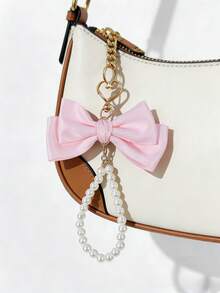1pc Women's Minimalist Solid Color Casual Girly Bow, Faux Pearl Chain, Heart & Lobster Clasp Keychain, Versatile Accessory For Bags, Outfits, Any Occasion, Great Gift For Best Friend - Multicolor - View 4