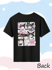 [Authorized] Kuromi Print Sanrio Girl's Summer Round Neck Casual T-Shirt Slightly Stretchy Fabric Suitable For Birthday Gifts Ideal For Daily Activities, Sports, And Travel Summer T-Shirts For Girls - 黑色 - 查看 3