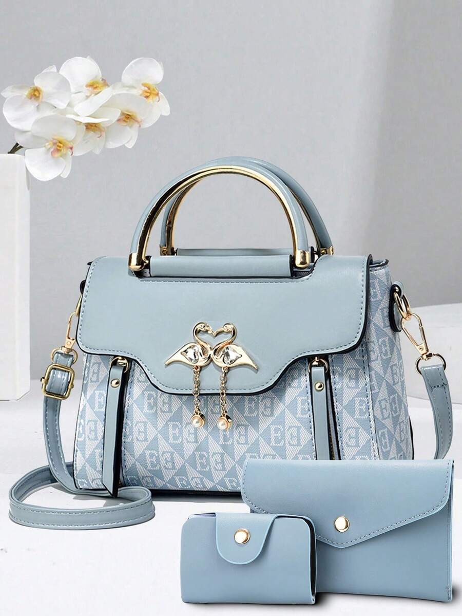 3pcs Women Bag Set, Printed Shoulder Bag, Handbag And Crossbody Bag, Fashionable And Versatile - Blue - View 1