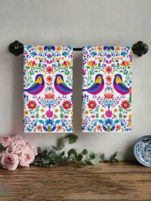 Set de 2 piezas/4 piezas/12 piezas de toallas de cocina con patrón Otomi mexicano, toallas de mano para baño con patrón floral y de pájaros, estilo bohemio, decoración del hogar mexicana del 5 de mayo, decoración de cocina del 5 de mayo, estilo moderno, secado rápido, material de microfibra súper suave, rectangular, sin pelusa, 15.75IN*23.62IN/40*60CM con estampado digital, adecuado para regalos de fiesta de boda, regalos del Día de la Independencia de México, regalos de inauguración de la casa - Multicolor - Ver 5