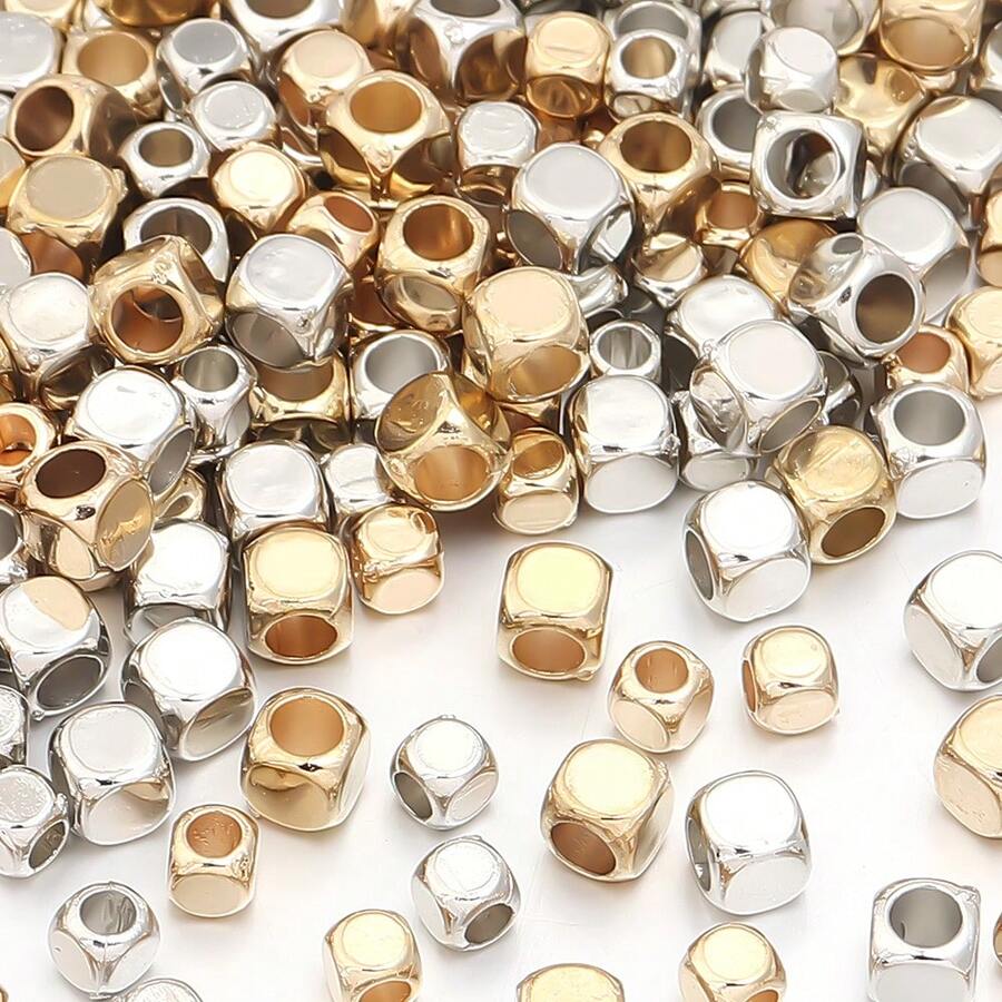 200pcs Gold & Silver Square Beads, Minimalist DIY Accessories