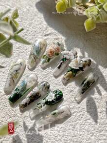 1 Green And White Peacock Flower Shell Polarized 5D Relief Self-Adhesive Nail Sticker Chinese 3D Nail Sticker DIY Nail Sticker - Multicolor - View 6