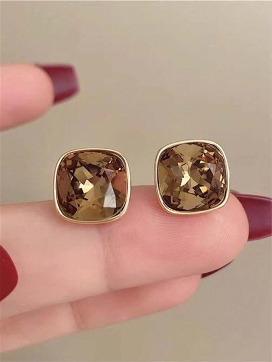 1 Pair Fashionable Cute Metal Geometric Square Caramel Crystal Stud Earrings, Women's Party, Banquet, Holiday Jewelry Accessories, Daily Wear - Gold - View 1