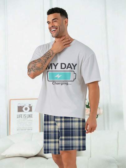 Plus Size Men's Pajama Set | Round Neck Short Sleeve Top And Elastic Waist Casual Shorts 2-Piece Set | Polyester Knit Fabric Soft And Breathable Loose Fit | Funny Battery Graphic Print Casual Design