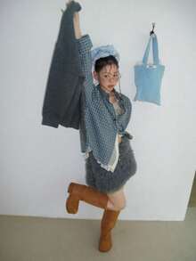 秋季新款小众格纹荷叶边下摆休闲复古拼接宽松长袖衬衫 春季 - 藍色 - 查看 10