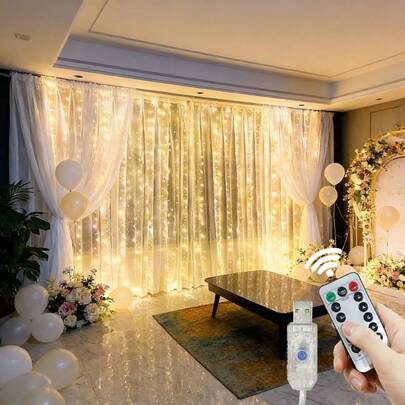 浪漫婚礼派对花环串灯，LED窗帘灯带，带遥控器，8种灯光模式，USB供电星空串灯，适用于客厅、卧室、舞台室内装饰，节日灯饰，适用于开斋节、复活节、母亲节、生日、订婚、婚礼等场合。