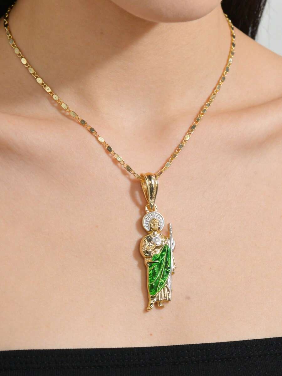 1pc 4K Gold Plated 3D St. Jude Pendant Necklace, Unisex Versatile Daily Religious Jewelry, Celebration Gift - Gold - View 1