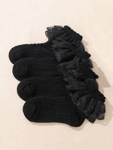 4 Pairs Girls Hollow Floral Lace Black Solid Color Mesh Lace Princess Ankle Socks - Black - View 7