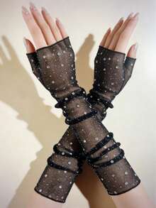 1 双女士亮片蕾丝袖套，轻盈防紫外线亮片拼接 - A - 查看 1