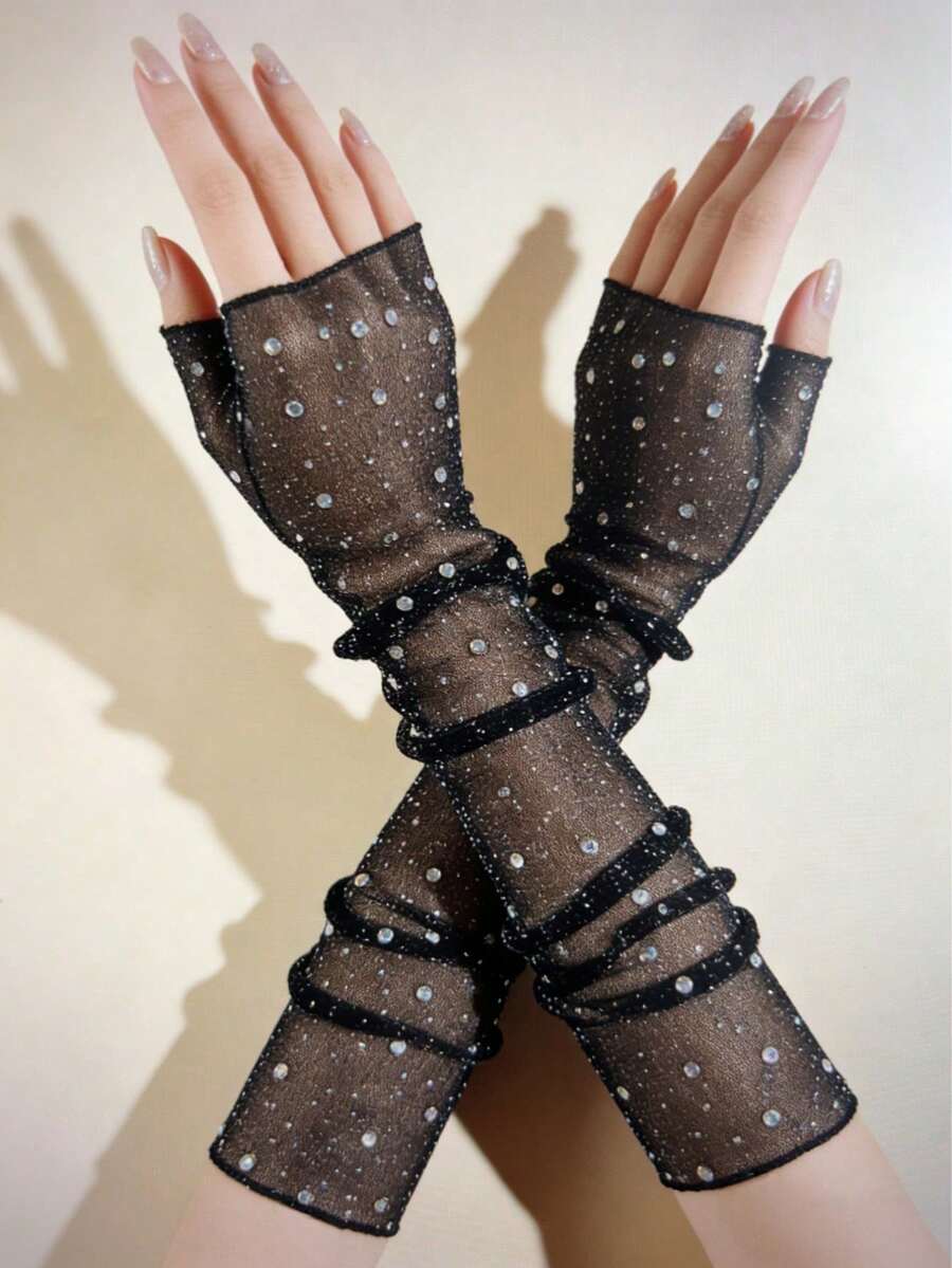 1 双女士亮片蕾丝袖套，轻盈防紫外线亮片拼接 - A - 查看 1