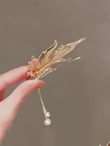 1pc Rhinestone Maple Leaf Pearl Tassel Hair Clip, Retro Elegant High Ponytail Duck Clip Hairpin Headpiece - Golden Yellow - View 3