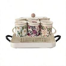 1 Set Of 6pcs 300ml [With 3pcs Spoons] Retro Glazed Floral Mugs, Heat-Resistant Ceramic Tea Cup Set, High-End Housewarming Gift - Multicolor - View 8