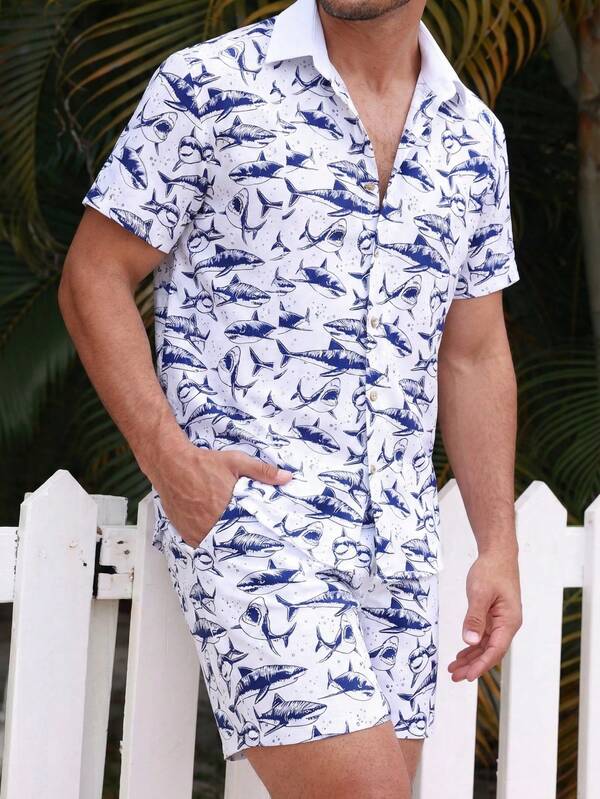 Men's Shark Print Vacation Style Short Sleeve Shirt And Casual Shorts Set