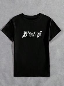 LUNE Camiseta de cuello redondo con estampado de mariposa - Negro - Ver 4