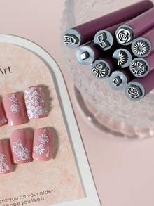 4/6/10pcs Graffiti Draw Nail Art Stamping Pen Set, DIY Flower Nail Design Stamp Tools With Rose & Leaf Patterns, Easy Nail Printing Kit For Home Manicure Beginners - Multicolor - View 10