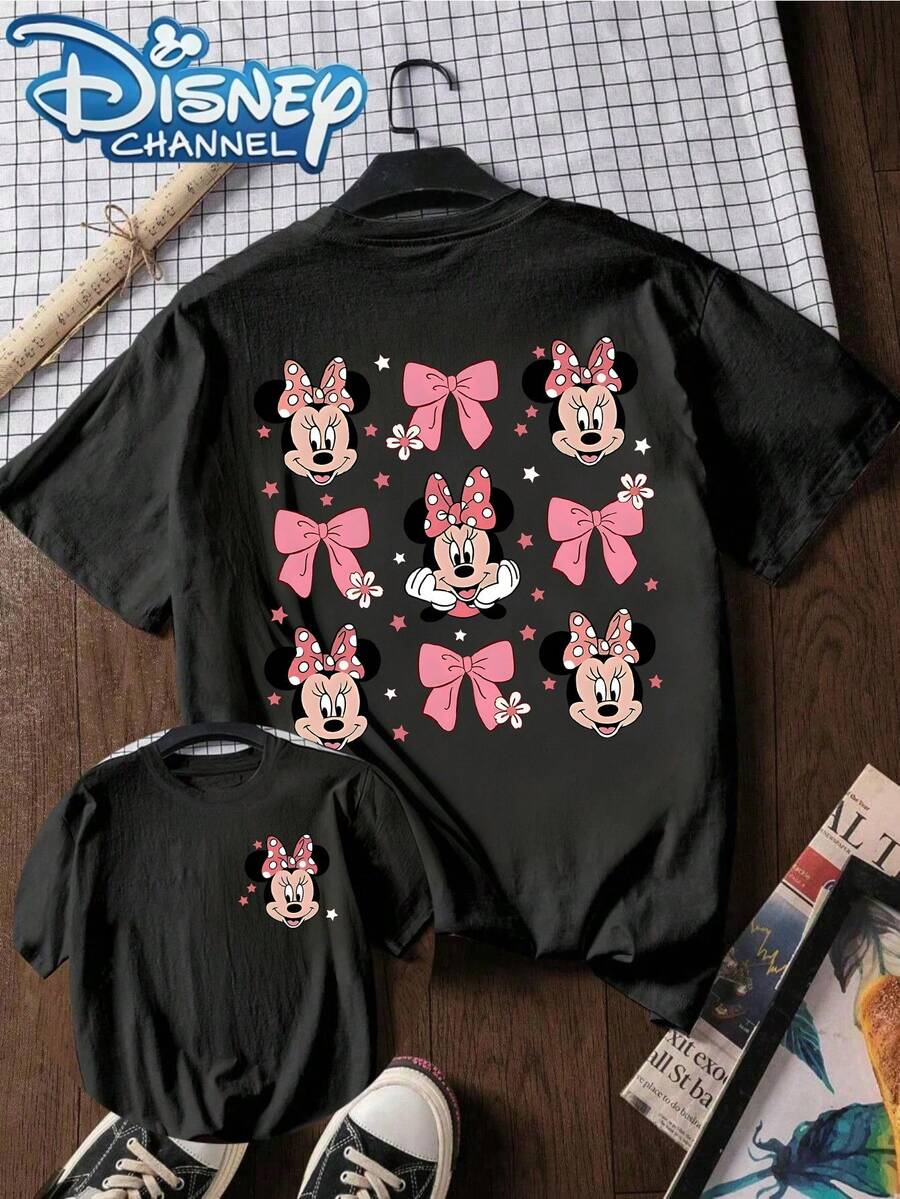 Disney Women's Casual Minnie Mouse Graphic Black Cotton Short Sleeve T-Shirt With Round Neck, Regular Length Top - Black - View 1
