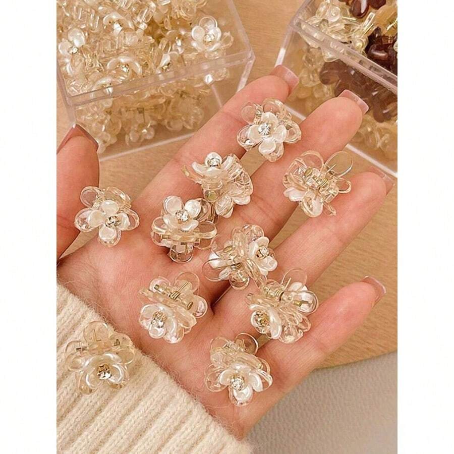 NEW10pcs/Set Camellia Flower Rhines Mini Clip Super Fairy Sweet High-End Princess Hairpin Fashion Elegant Versatile Bangs Side Hair Clip Suitable For Daily Outfit Photo Shoot Outdoor Commute Date Beach Holiday Hair Claws Claw Clips Hair Clips Hair Jaw Clip Hair Clamps Hair Clutch Hair Catcher Clip Fall Winter Hair Accessories For Women For Vacation Outfits Woman Summer - 10個透明山茶花髮夾 - 查看 1