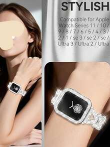 1pc 41mm Jewelry Diamond Metal Band & Protective Case Compatible With Apple Watch Series 9/8/7, Fits 38mm, 40mm, 41mm, 42mm, 44mm, 45mm, 49mm; 2pcs Women Jewelry Replacement Metal Strap Band With Shiny Screen Protector Case Compatible With Apple Watch Ultra SE Series 9/8/7/6/5/4/3/2/1, Shiny Women Watch Band Accessories - Silver - View 7